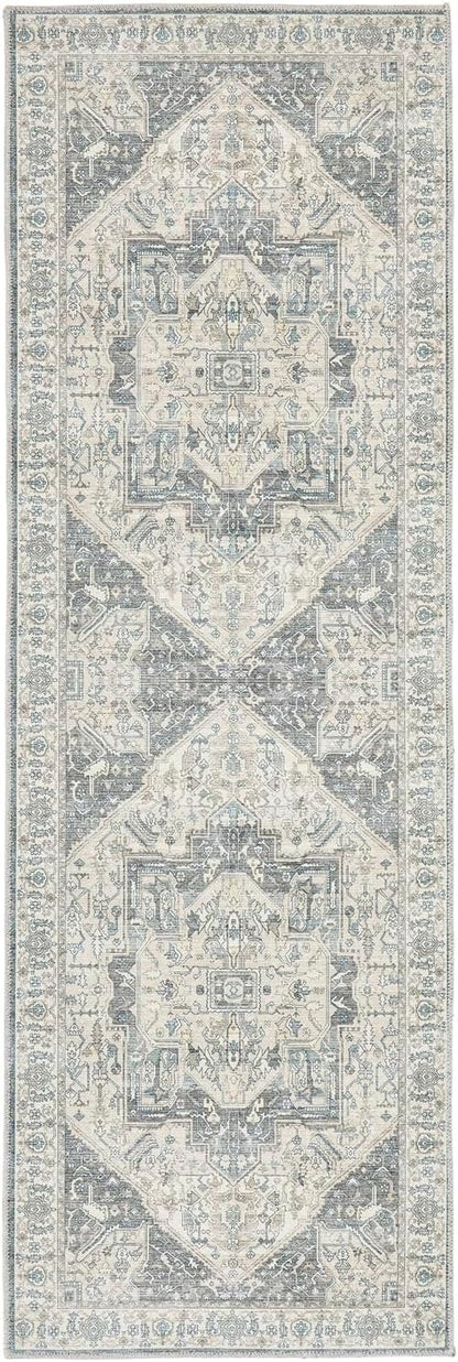 Napoli Blue Grey Yellow Washable Runner – Traditional Vintage Non-Slip Hallway Carpet (67 x 200 cm)
