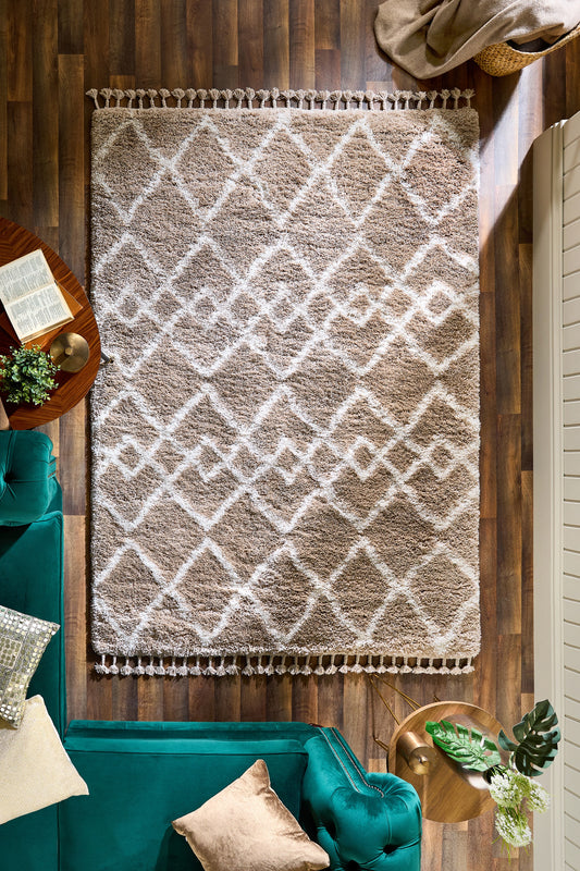 Origins Morocco Traditional Modern Tribal Berber Shaggy Tasseled Beige Ivory Rug