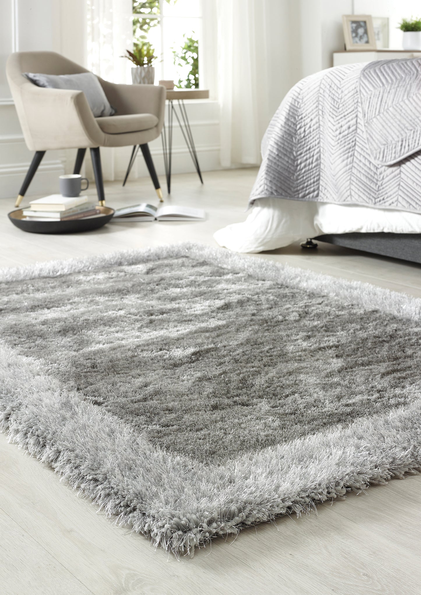Origins Shimmer Silky Shaggy Hand Tufted Carpet Border Modern Soft Fluffy Shag Rug in Silver
