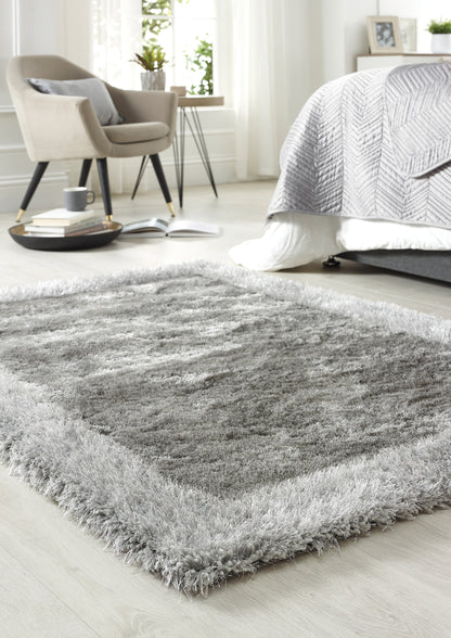 Origins Shimmer Silky Shaggy Hand Tufted Carpet Border Modern Soft Fluffy Shag Rug in Silver