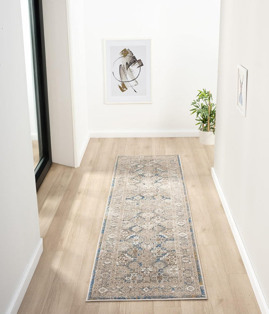 Bordered Blue 550AG Runner – Vintage Traditional Non-Slip Carpet (300 x 80 cm)