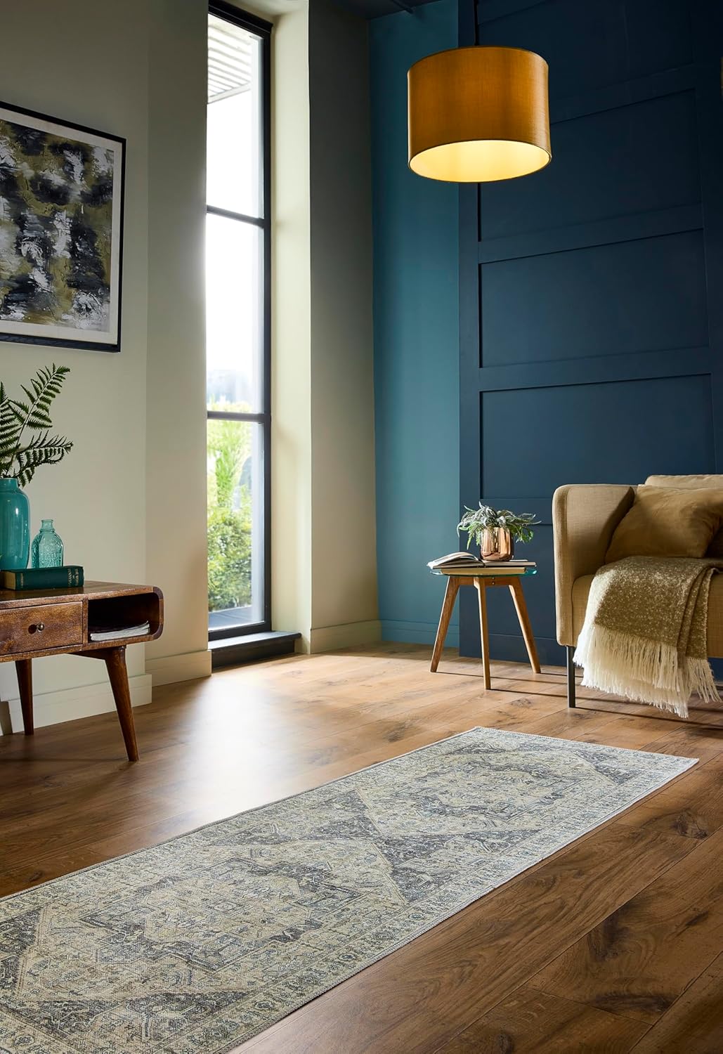 Napoli Blue Grey Yellow Washable Runner – Traditional Vintage Non-Slip Hallway Carpet (67 x 200 cm)