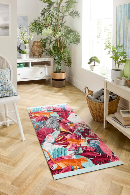 Washable Studio Tropical Rug Non-Slip Mat for Kitchen Hallway Entrance – Multi-Coloured Exotic Palms Rug – 65x150 cm (2’2” x 5’)