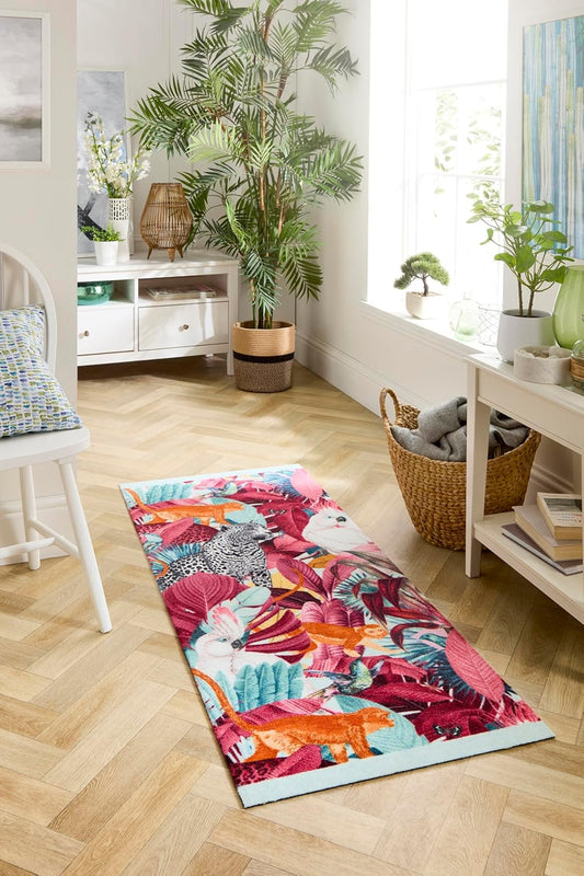 Washable Studio Tropical Rug Non-Slip Mat for Kitchen Hallway Entrance – Multi-Coloured Exotic Palms Rug – 65x150 cm (2’2” x 5’)