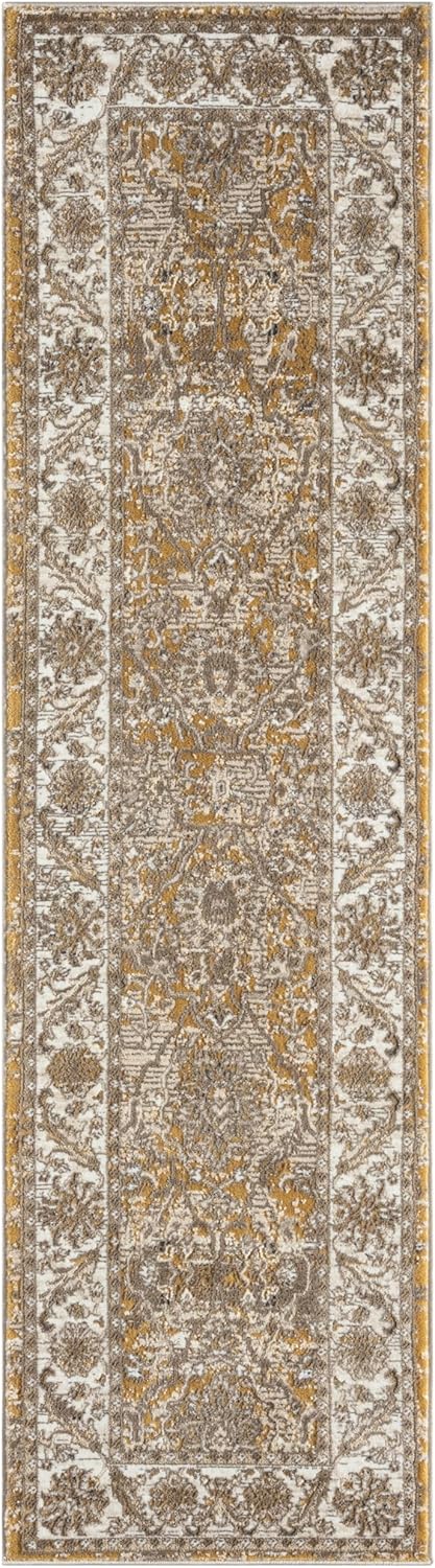 Bordered Ochre Gold 553A2 Runner – Traditional Vintage Non-Slip Hallway Rug
