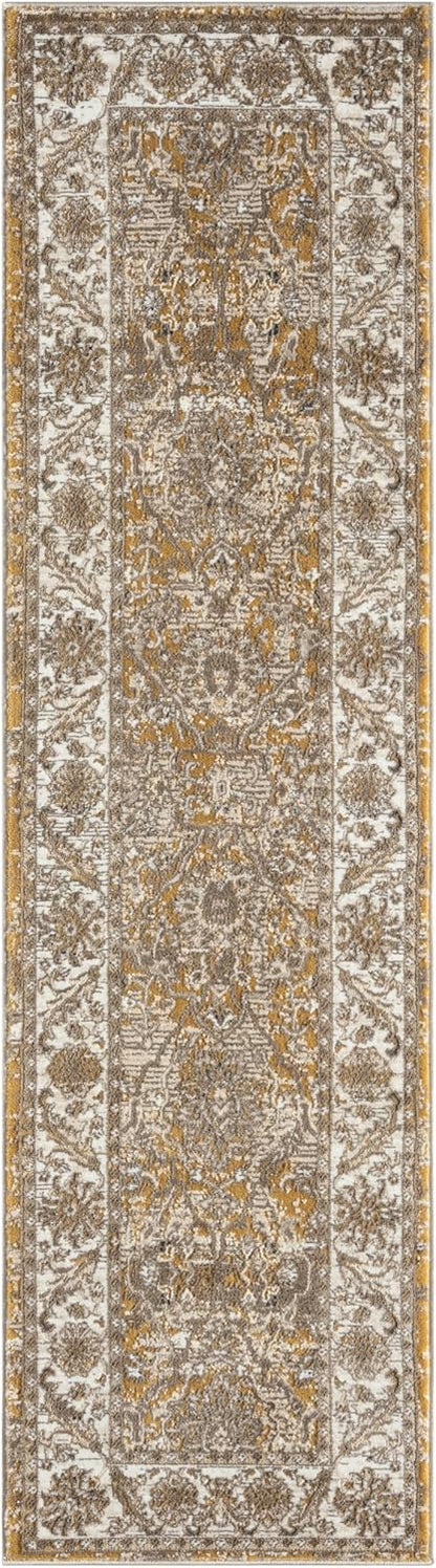 Bordered Ochre Gold 553A2 Runner – Traditional Vintage Non-Slip Hallway Rug