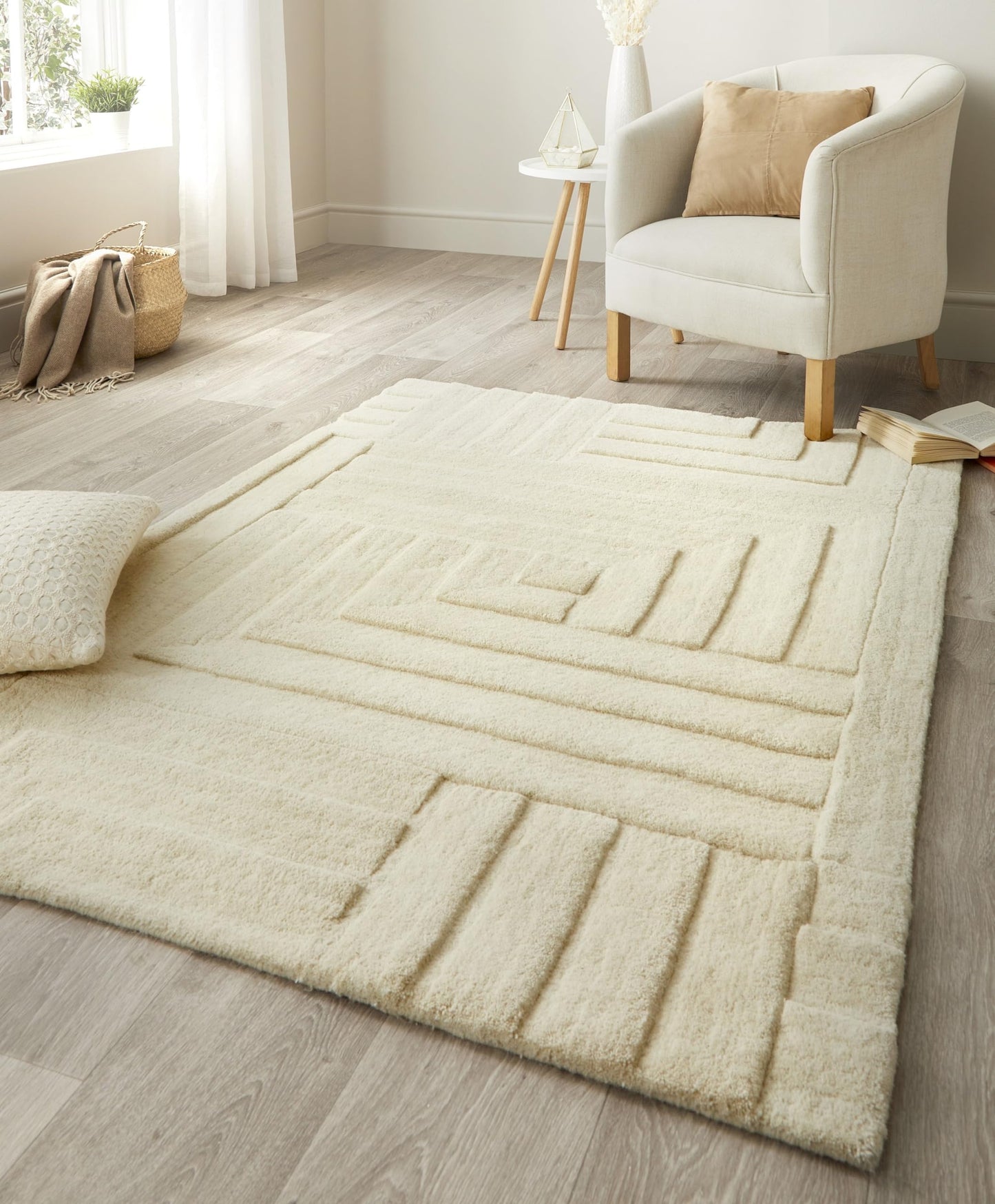 Maze Wool Rug for Living Room Bedroom Hand Tufted Thick Heavyweight Luxurious 3D Geometric Rug