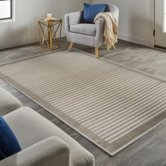 Striped Border Rug for Modern living Room Bedroom Soft Silky Velvety Natural Beige Quality Classic Short Pile Area Rug