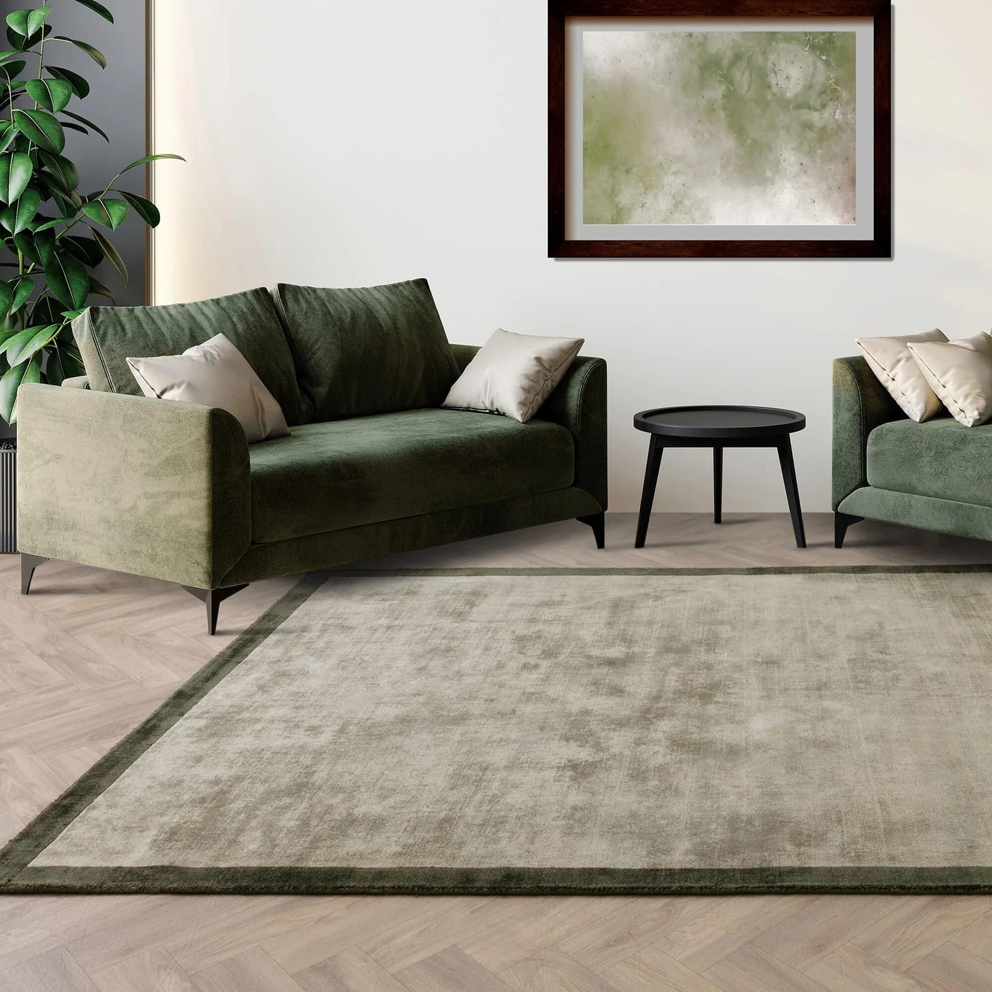 Blade Border Plain Viscose Rug - Handwoven Distressed High-Sheen Silky Soft Luxury