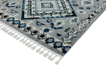 Cyrus CY08 Nomadic Moroccan Berber Kilim Style Blue Grey Fringed Rug