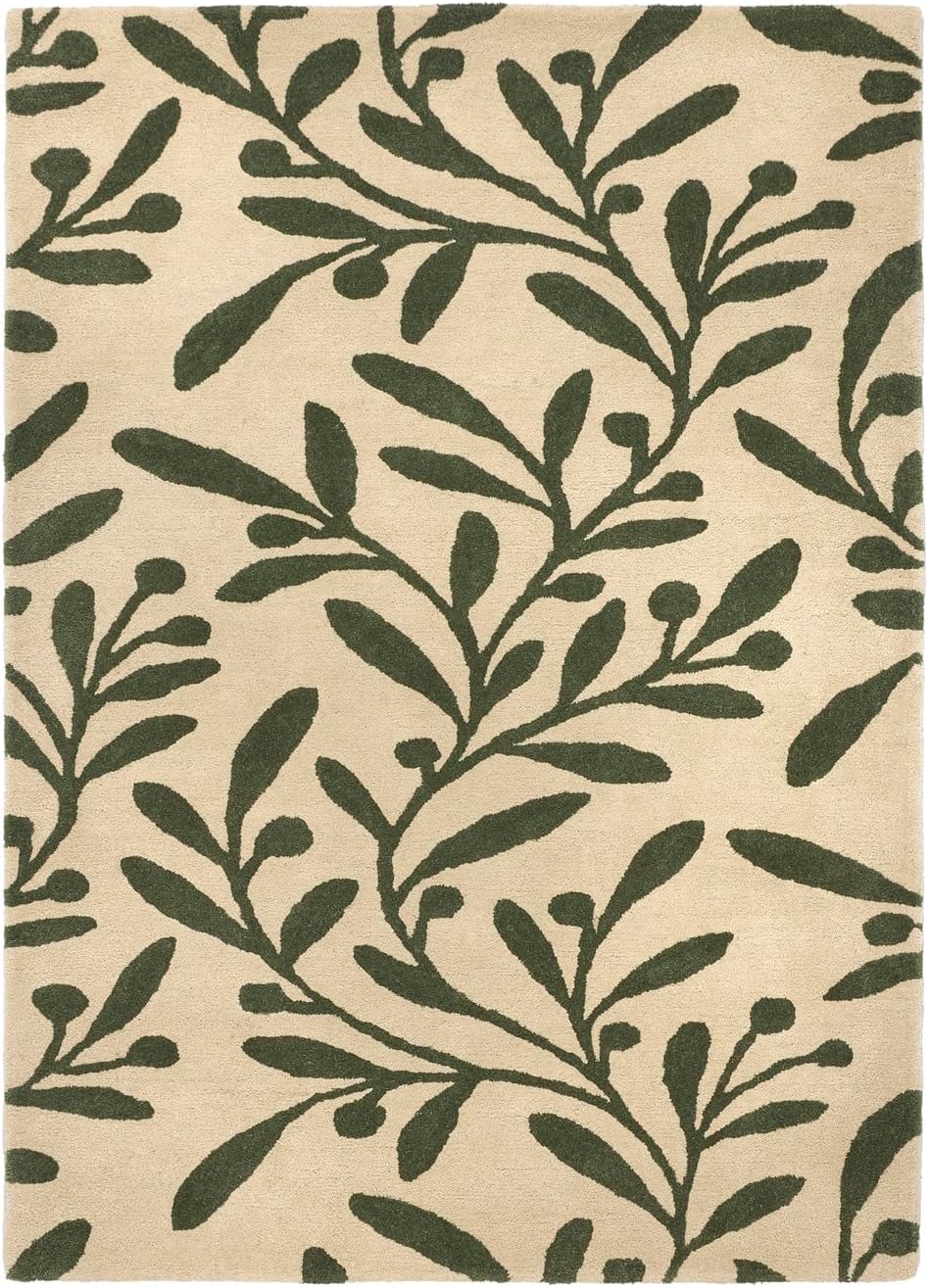 Trailing Leaf Wool Rug – Hand-Tufted Botanical Wool Carpet in Olive Green & Beige
