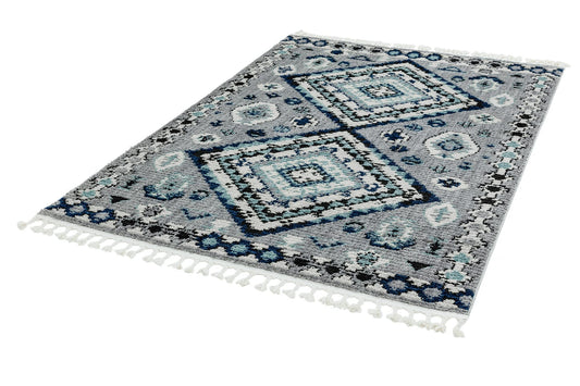 Cyrus CY08 Nomadic Moroccan Berber Kilim Style Blue Grey Fringed Rug
