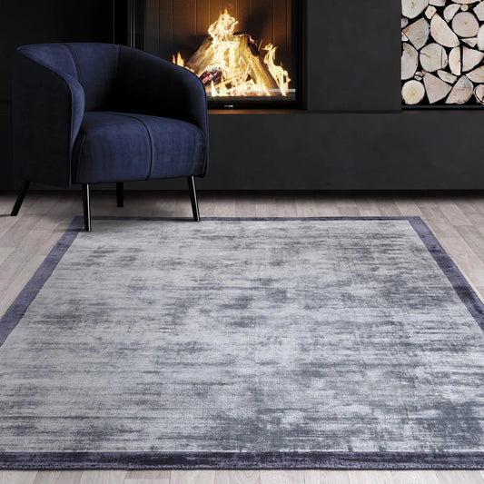 Blade Border Plain Viscose Rug - Handwoven Distressed High-Sheen Silky Soft Luxury