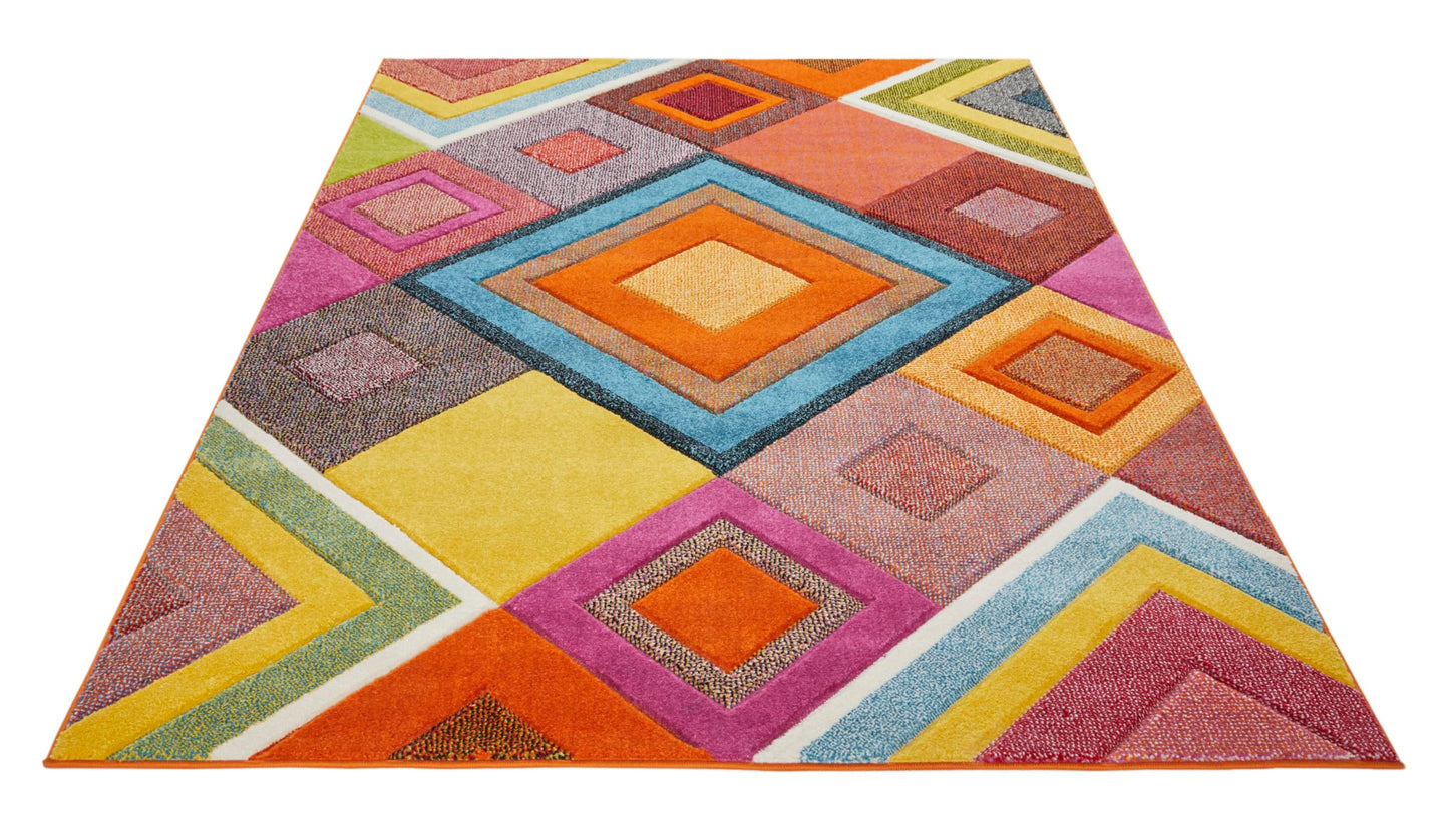 Viva Carved Rug for Modern Living Bedroom Kitchen Nursery Carpet Pop Vibrant Multicolours Geometric Patterns Rug