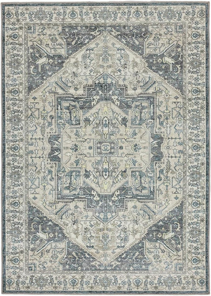 Napoli Blue Grey Yellow Washable Rug – Traditional Vintage Non-Slip Carpet