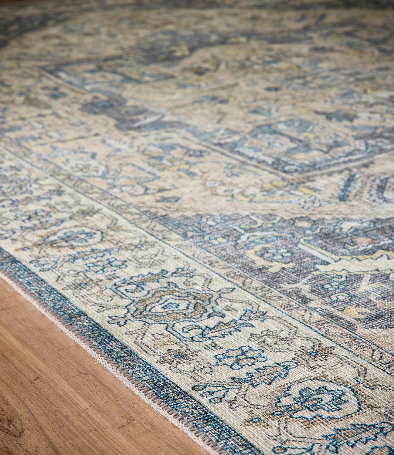 Napoli Blue Grey Yellow Washable Runner – Traditional Vintage Non-Slip Hallway Carpet (67 x 200 cm)
