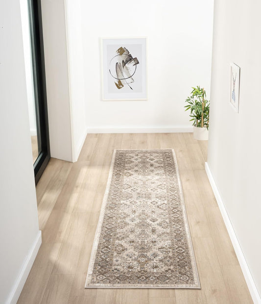 Bordered Cream Brown 550AQ Runner – Traditional Vintage Non-Slip Hallway Carpet