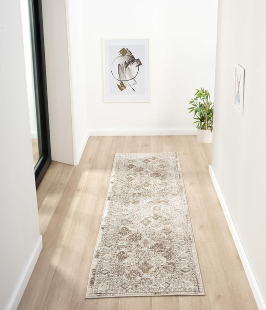 Bordered Cream Beige 550AC Runner – Traditional Vintage Non-Slip Hallway Carpet (66 x 230 cm & 80 x 300 cm)