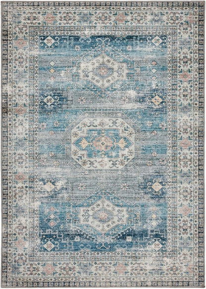 Venice Blue Washable Rug – Traditional Vintage Non-Slip Carpet