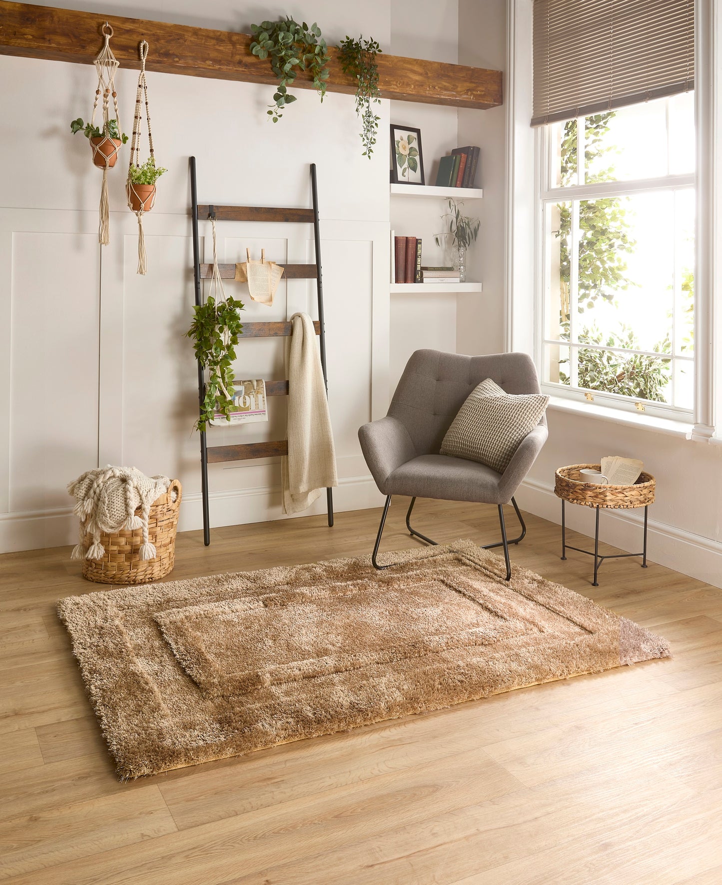 Origins Frame Hand Tufted Soft Silky Thick Shaggy Rug in Latte