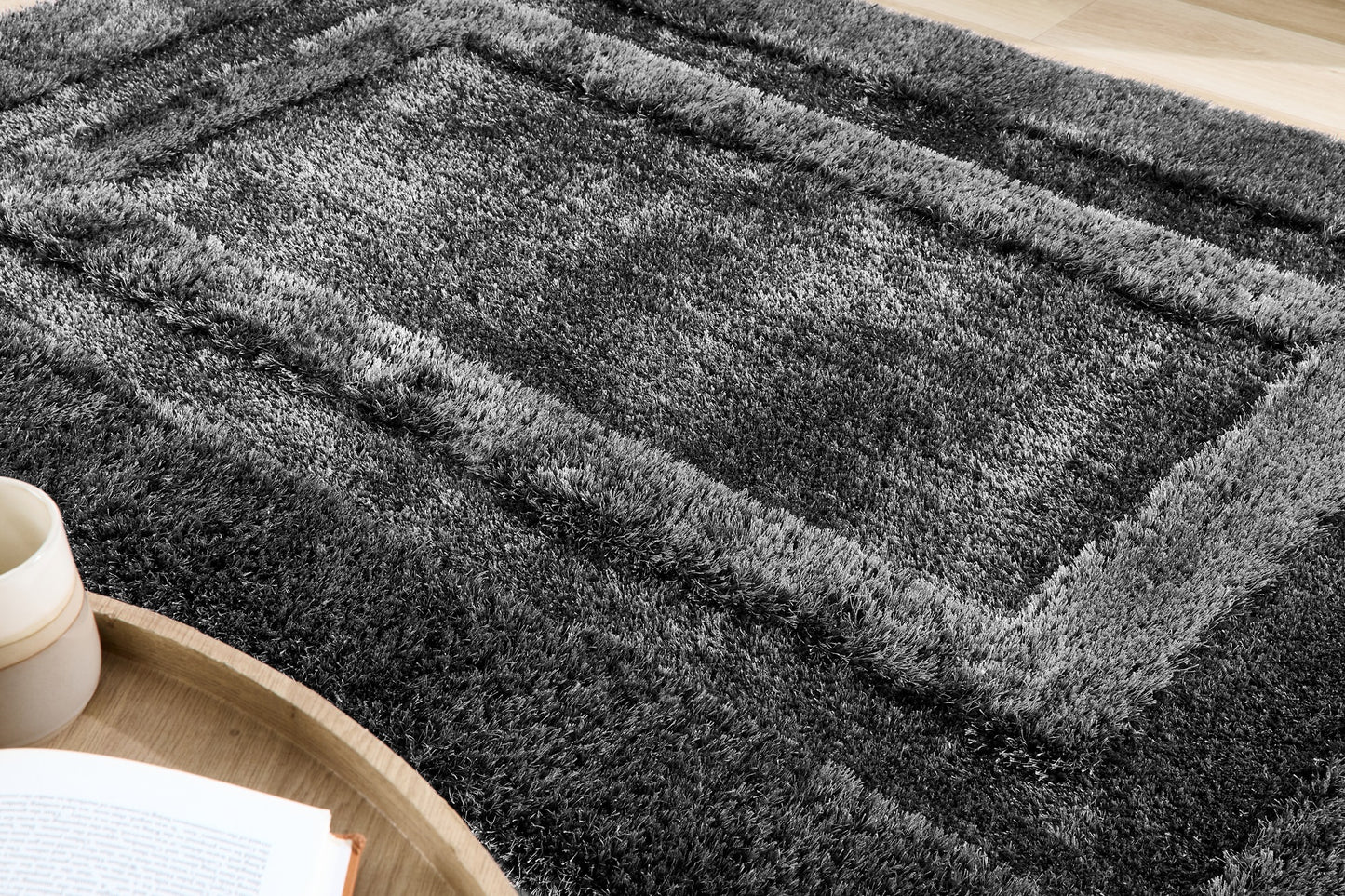 Origins Frame Hand Tufted Soft Silky Thick Shaggy Rug in Charcoal Grey