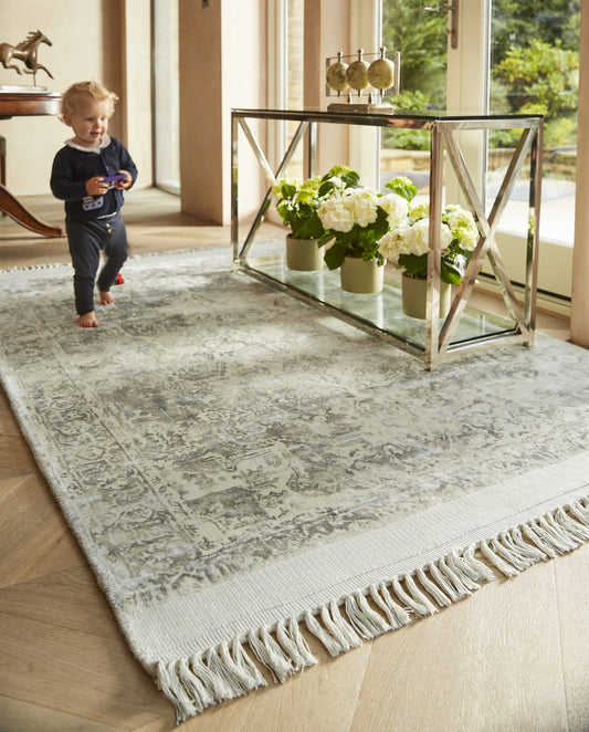Vintage Fringe Silky Viscose Traditional Distressed Rugs in Mocha Oyster