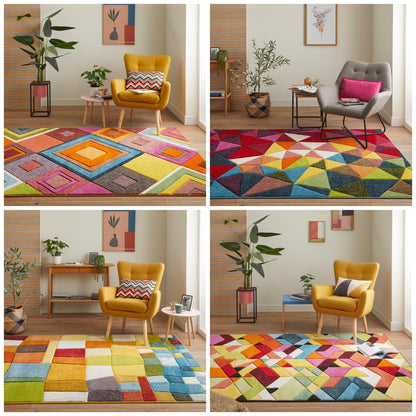 Viva Carved Rug for Modern Living Bedroom Kitchen Nursery Carpet Pop Vibrant Multicolours Geometric Patterns Rug