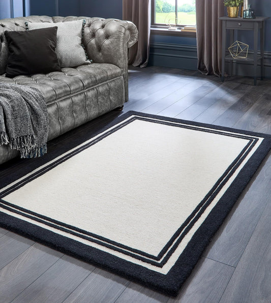 Origins Piper Monochrome Taupe Framed Wool Bordered Rug