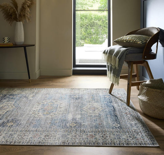 Venice Blue Washable Rug – Traditional Vintage Non-Slip Carpet