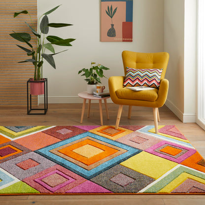 Viva Carved Rug for Modern Living Bedroom Kitchen Nursery Carpet Pop Vibrant Multicolours Geometric Patterns Rug