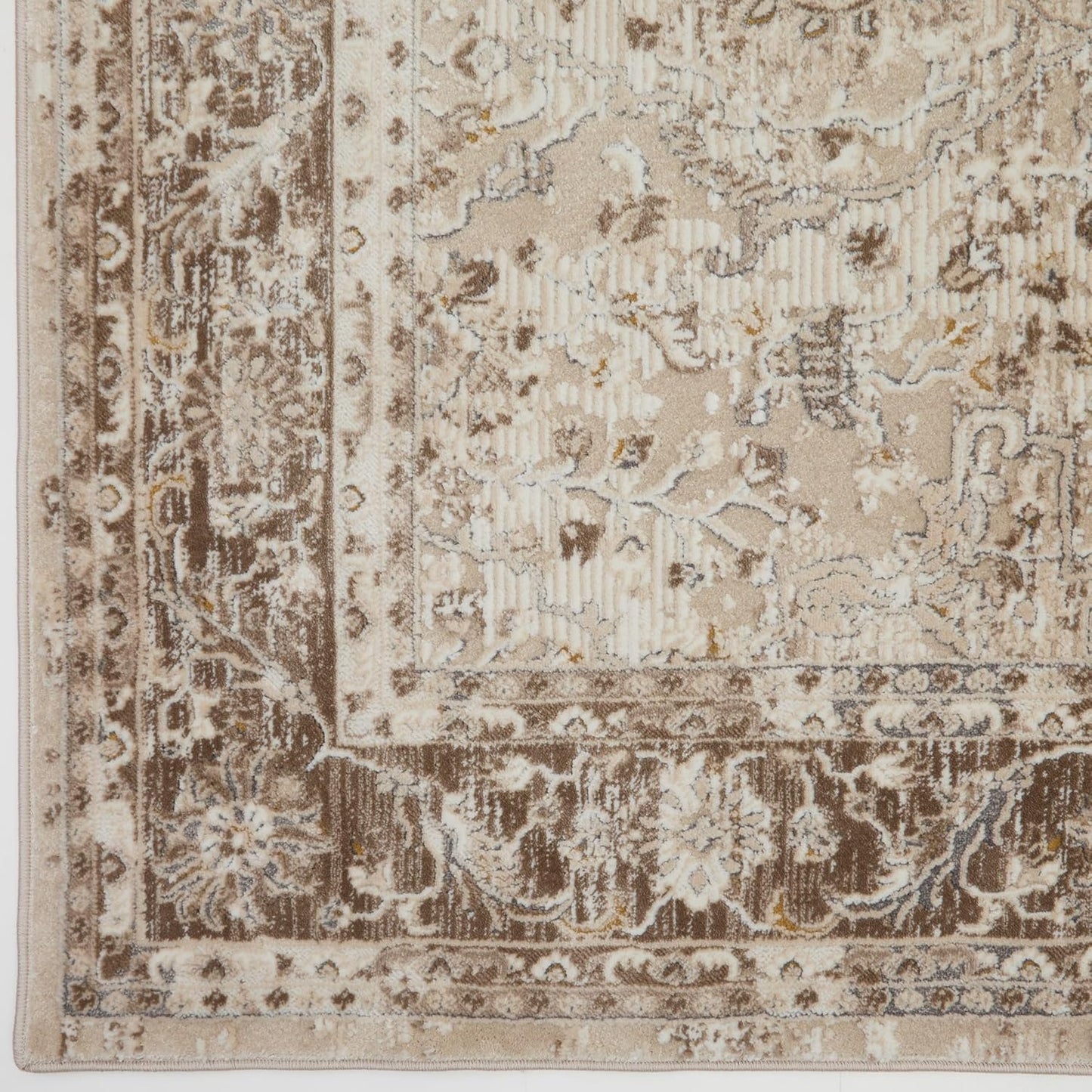 Bordered Light Brown 553A2 Runner – Traditional Vintage Non-Slip Hallway Rug
