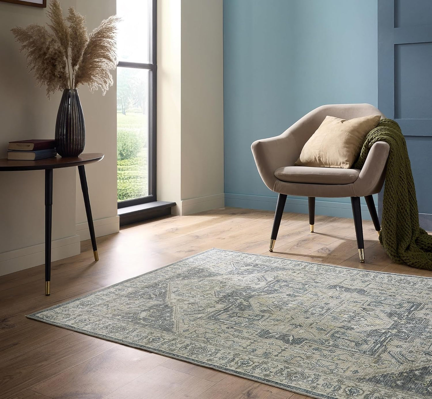 Napoli Blue Grey Yellow Washable Rug – Traditional Vintage Non-Slip Carpet