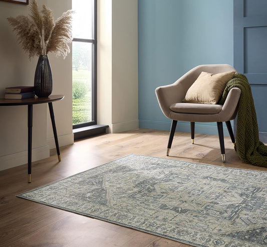 Napoli Blue Grey Yellow Washable Rug – Traditional Vintage Non-Slip Carpet