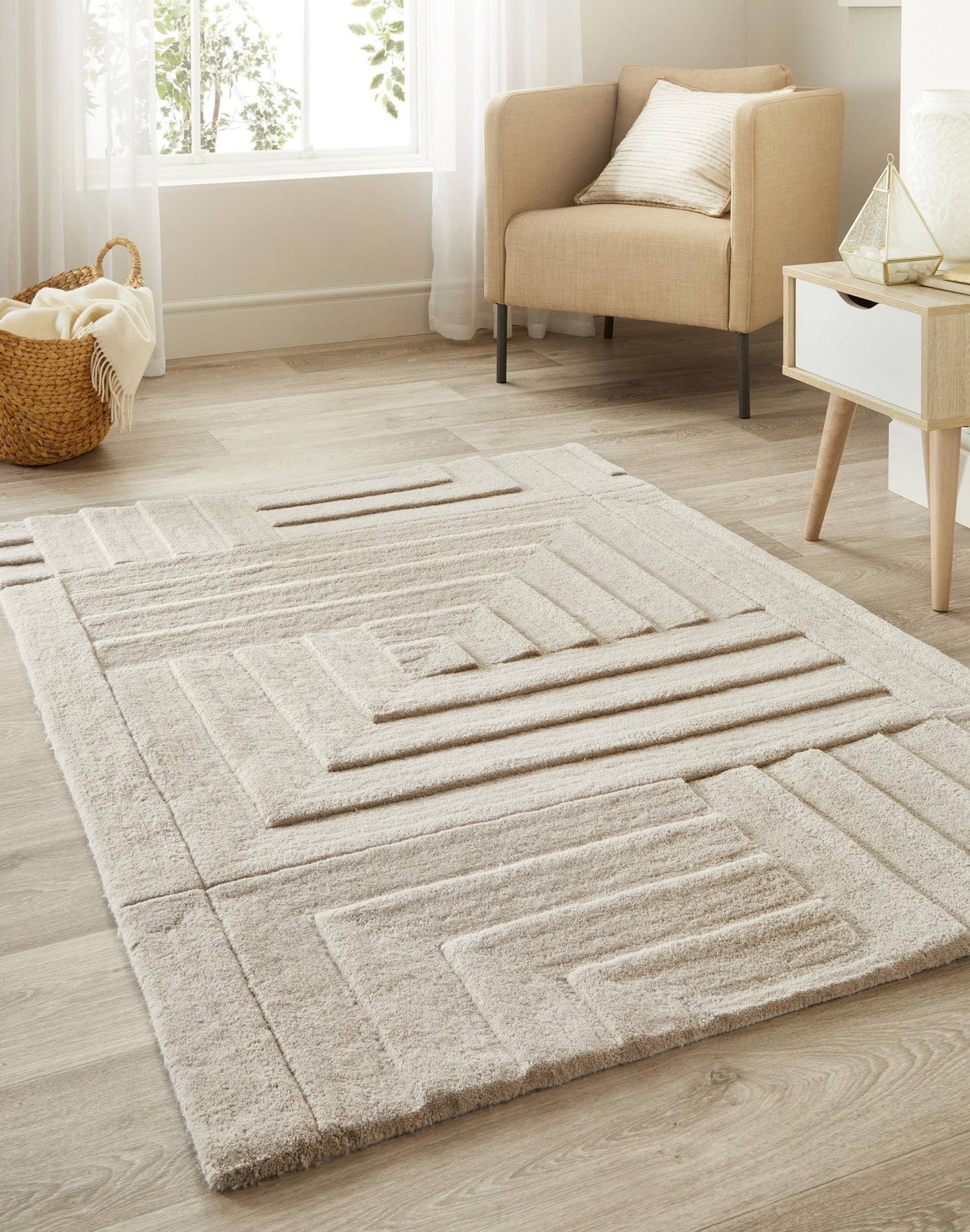 Maze Wool Rug for Living Room Bedroom Hand Tufted Thick Heavyweight Luxurious 3D Geometric Rug