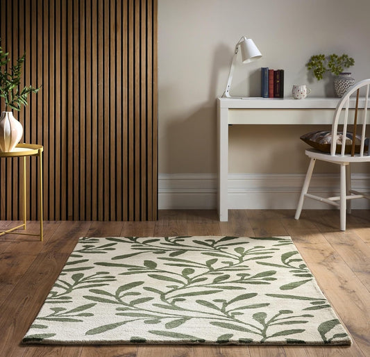 Trailing Leaf Wool Rug – Hand-Tufted Botanical Wool Carpet in Olive Green & Beige