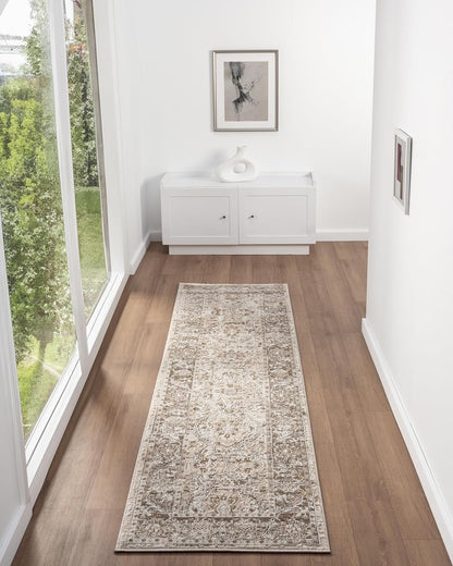 Bordered Light Brown 553A2 Runner – Traditional Vintage Non-Slip Hallway Rug