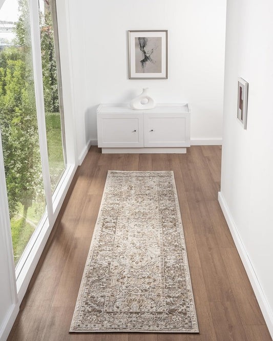Bordered Light Brown 553A2 Runner – Traditional Vintage Non-Slip Hallway Rug