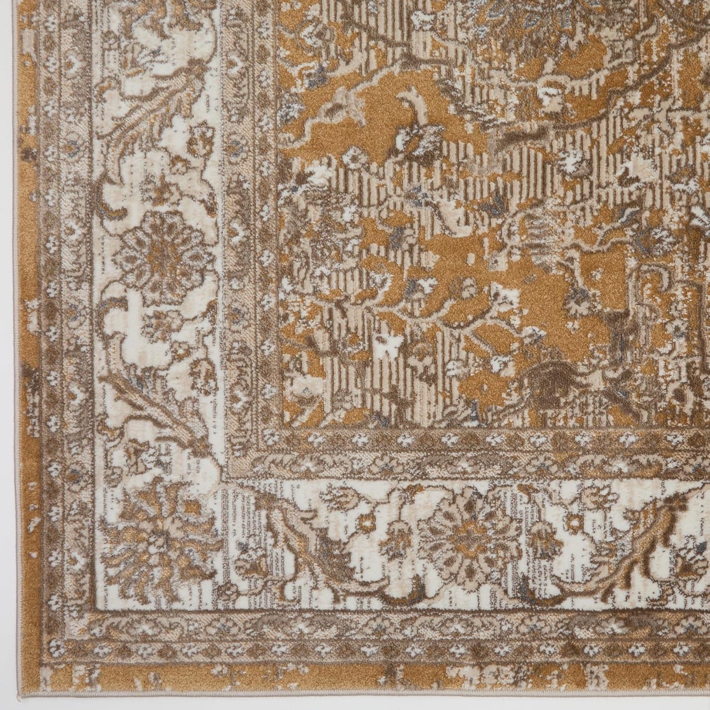 Bordered Ochre Gold 553A2 Runner – Traditional Vintage Non-Slip Hallway Rug