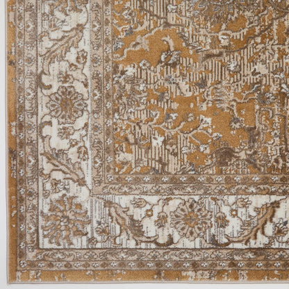 Bordered Ochre Gold 553A2 Runner – Traditional Vintage Non-Slip Hallway Rug