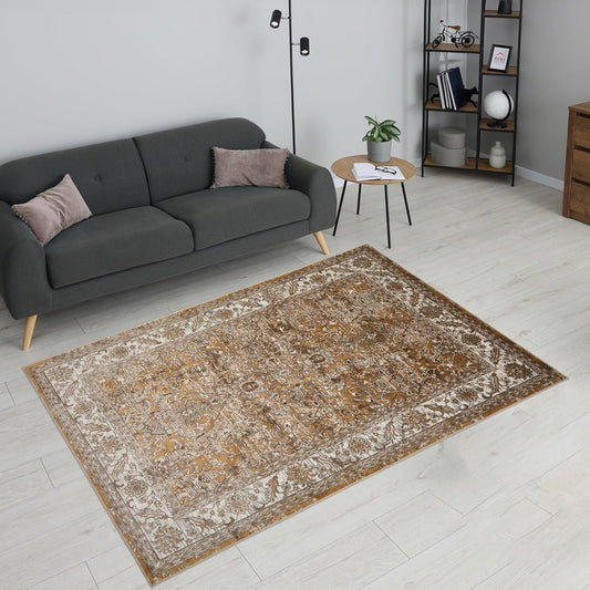 Bordered Ochre Gold 553A2 – Traditional Vintage Rug for Living Room, Dining, or Bedroom