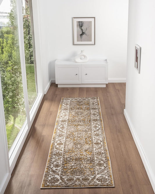 Bordered Ochre Gold 553A2 Runner – Traditional Vintage Non-Slip Hallway Rug