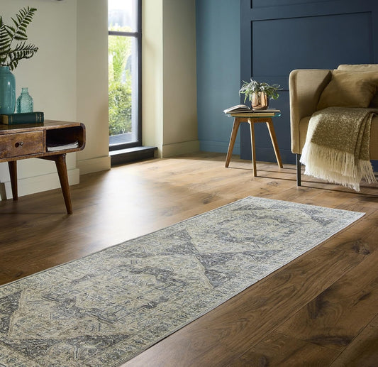 Napoli Blue Grey Yellow Washable Runner – Traditional Vintage Non-Slip Hallway Carpet (67 x 200 cm)