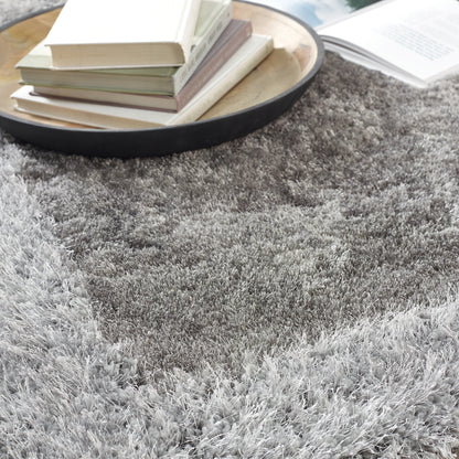 Origins Shimmer Silky Shaggy Hand Tufted Carpet Border Modern Soft Fluffy Shag Rug in Silver