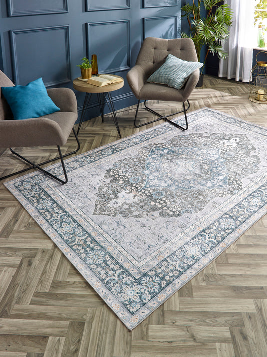 Origins Washable Oakham Traditional Medallion Soft Chenille Rug in Teal Grey Multi