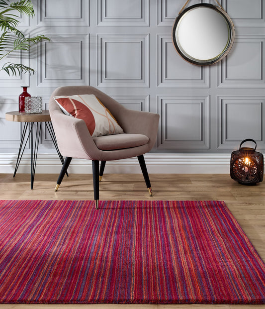 Origins Fine Stripes Hand Loom Woven Wool Rug Halway in Purple Pink