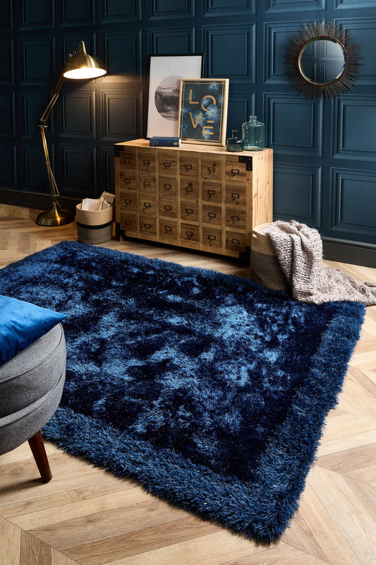 Origins Shimmer Silky Shaggy Hand Tufted Carpet Border Modern Soft Fluffy Shag Rug in Indigo Blue