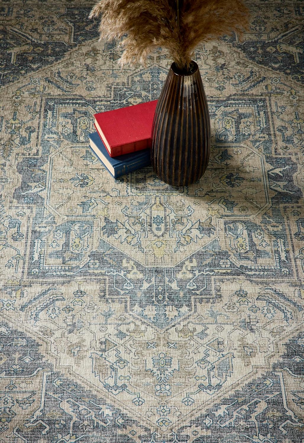 Napoli Blue Grey Yellow Washable Runner – Traditional Vintage Non-Slip Hallway Carpet (67 x 200 cm)