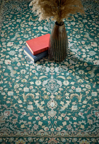 Windsor Emerald Green Washable Rug – Traditional Vintage Non-Slip Carpet