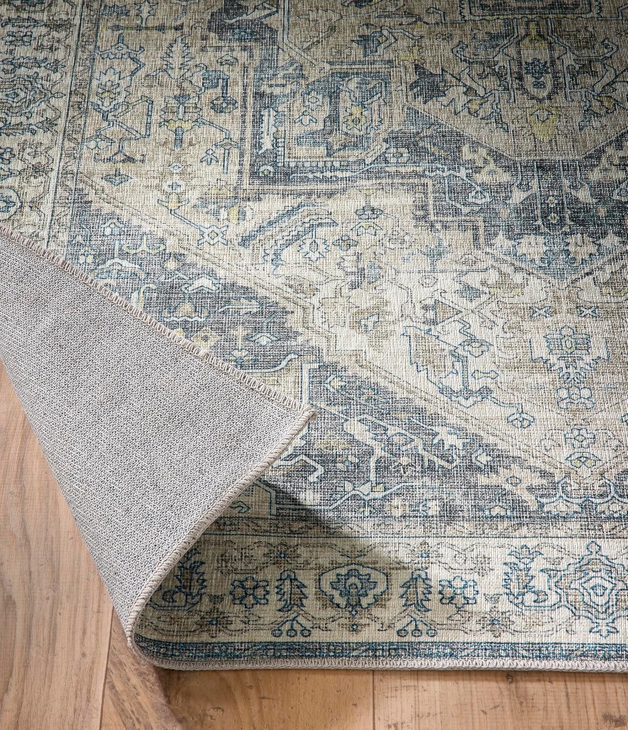 Napoli Blue Grey Yellow Washable Runner – Traditional Vintage Non-Slip Hallway Carpet (67 x 200 cm)