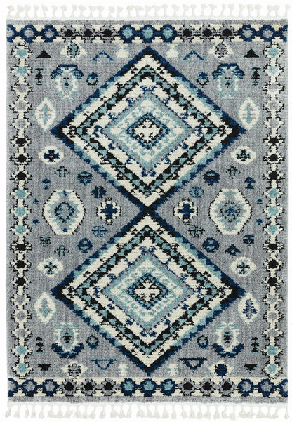 Cyrus CY08 Nomadic Moroccan Berber Kilim Style Blue Grey Fringed Rug